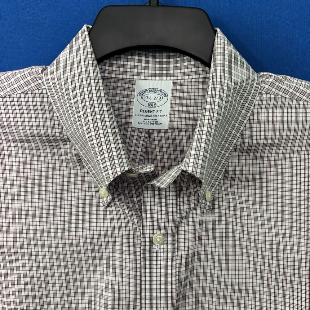 Brooks Brothers Regent Shirt Men's Size 17.5- 2/3 White Red Tartan Plaid No Iron